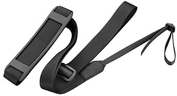 Ein schwarzer Kameragurt mit verstellbarem Band und Handschlaufe, geeignet für sichere Befestigung und einfache Handhabung der Kamera.