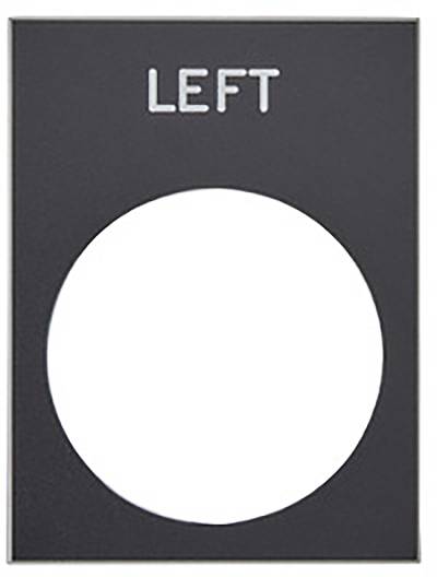 Schwarze Abdeckung mit großem, zentralem, kreisförmigem Ausschnitt und dem Wort 'LEFT' oben in weißer Schrift.