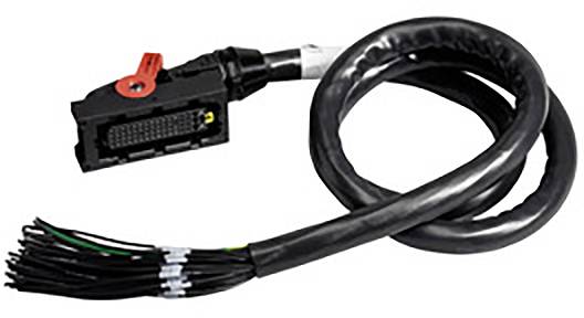 Schwarzes Kabel mit mehreren Drähten an einem Ende und einem rechteckigen Stecker am anderen Ende, geeignet für elektronische Verbindungen.