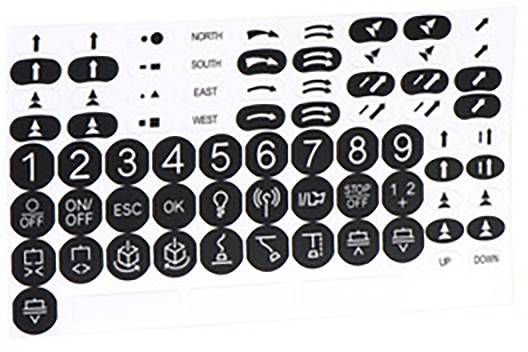 Schwarze runde Symbole und Zahlen auf weißem Hintergrund zeigen Richtungspfeile, Zahlen 0–9, und Symbole für Aufzugsteuerung an.