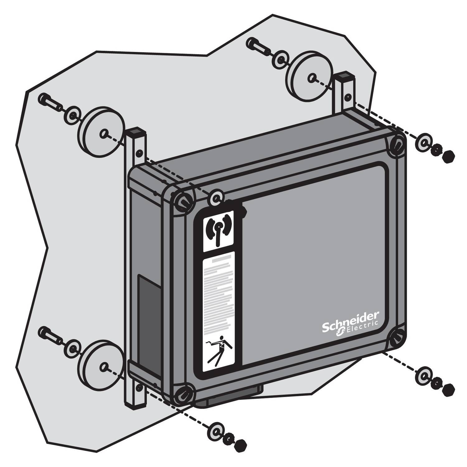Ein Montagehandbuch für eine elektrische Box von Schneider Electric zeigt die Befestigungsschritte mit Schrauben und Halterungen.