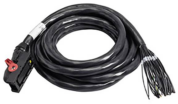 Schwarzes Kabel mit Stecker und mehreren offenen Enden, geeignet für elektrische Verbindungen oder Installationen.