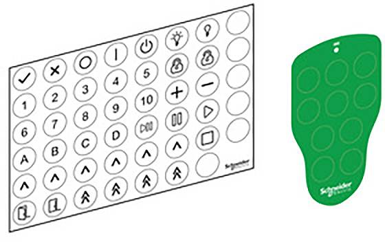 Ein Blatt mit verschiedenen Symbolaufklebern und einer grünen Abdeckung, beide mit Schneider Electric-Logo, zur Anpassung von Schaltern.