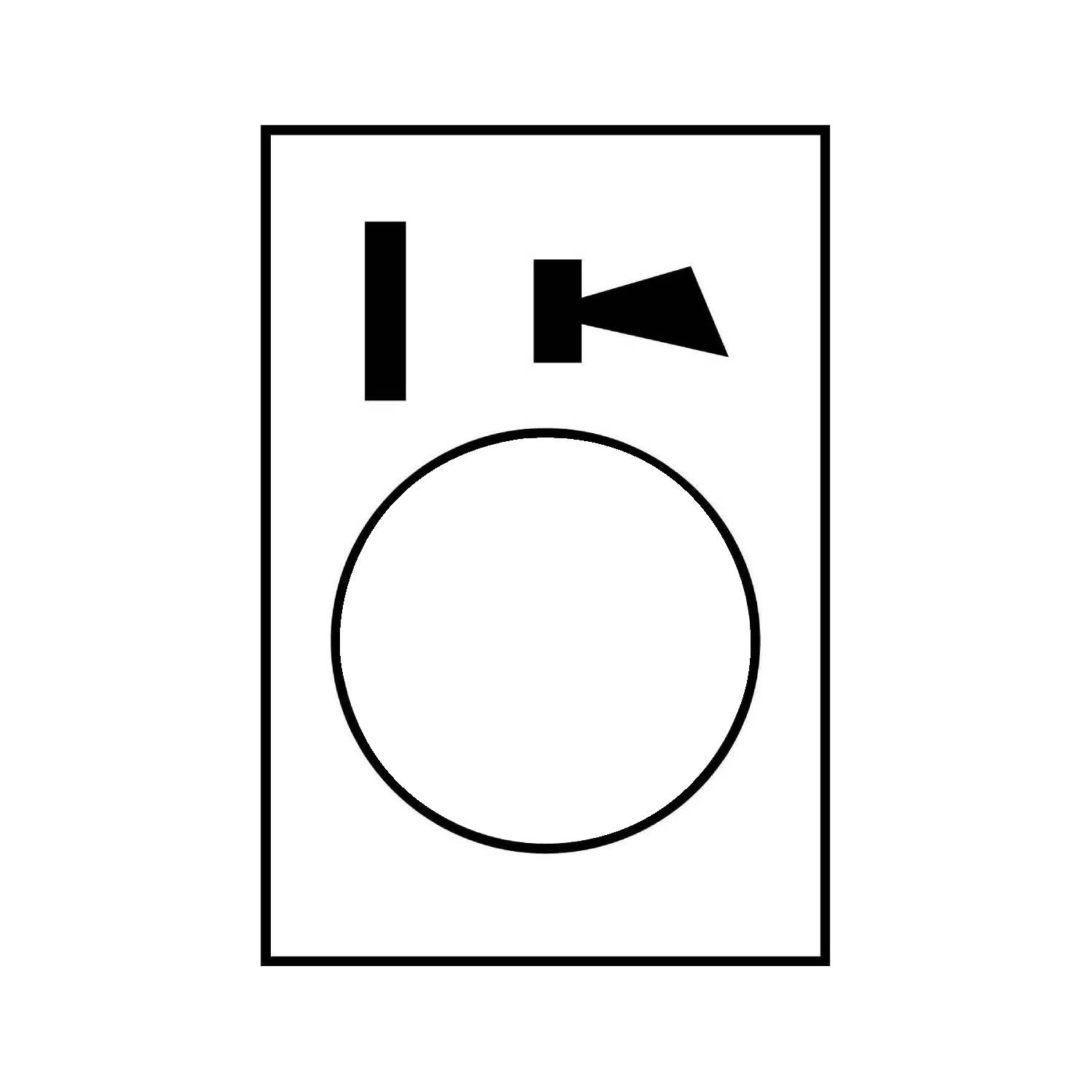 Waschmaschinen-Symbol mit Knopf und Schalter auf einer rechteckigen Fläche.