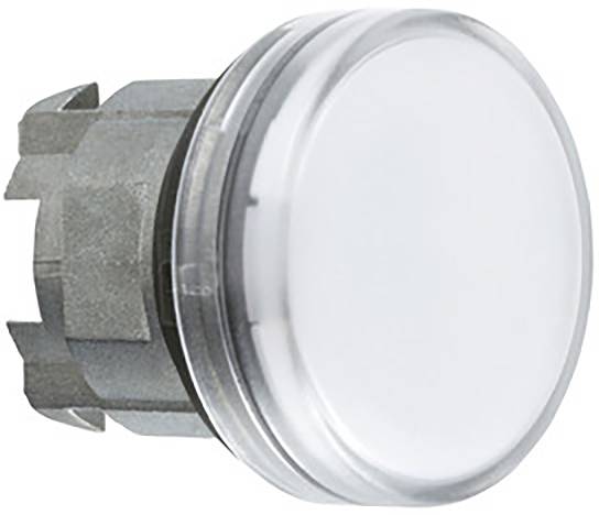Ein runder, weißer Knopf mit silbernem Gehäuse, vermutlich ein elektrischer Schalter oder Taster in seitlicher Ansicht.