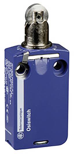 Blauer Endschalter aus Metall mit Hebel und Rollenmechanismus. Geeignet für industrielle Anwendungen zur Steuerung von Maschinenbewegungen.