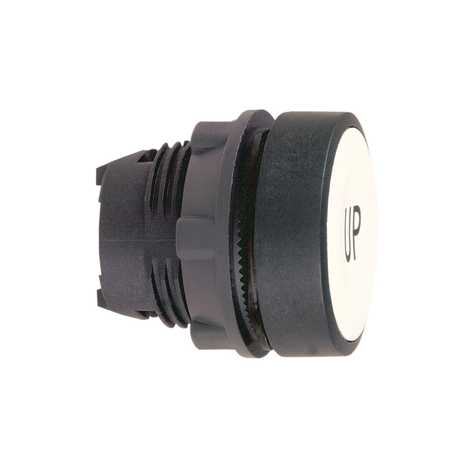 Ein schwarzer zylindrischer Knopf mit der Aufschrift 'UP', seitlich abgebildet.