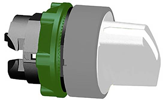 Ein Druckknopf mit grünem Ring und grauer Kappe, zeigt die Seitenansicht eines Schalterelements, möglicherweise für elektrische Anwendungen.