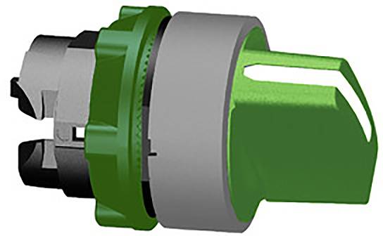 Ein grüner Schalthebel mit metallischen Komponenten, möglicherweise Teil eines elektrischen Schalters oder Steuerpanels.