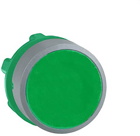 Grüner runder Knopf mit silbernem Rand, oft verwendet als Start- oder Bestätigungselement in Maschinen und elektronischen Geräten.