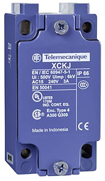 Ein elektrisches Bauteil von Telemecanique, Modell XCKJ, mit Schutzart IP66. Geeignet für 240V/3A. Hergestellt in Indonesien.