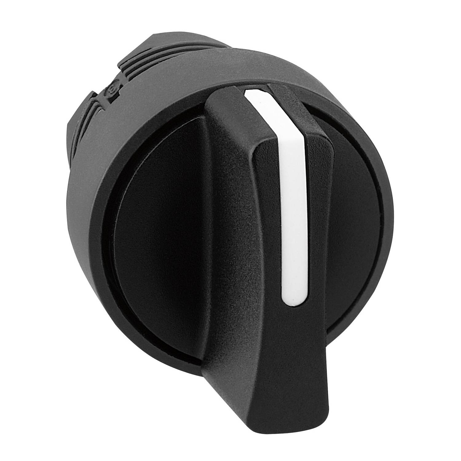 Ein schwarzer Drehknopf mit weißem Markierungsstreifen, frontal abgebildet, vor einem weißen Hintergrund.