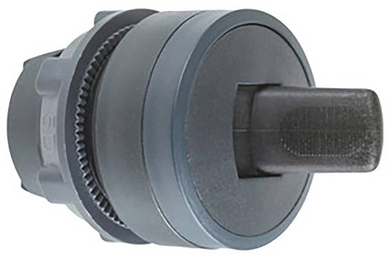 Ein grauer, runder Drehschalter mit Riffelungen zur besseren Griffigkeit, zur Steuerung mechanischer oder elektronischer Geräte.