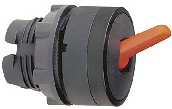 Industrieschalter mit grauem Gehäuse und rotem Hebel, geeignet für Maschinensteuerungsanwendungen in industriellen Umgebungen.