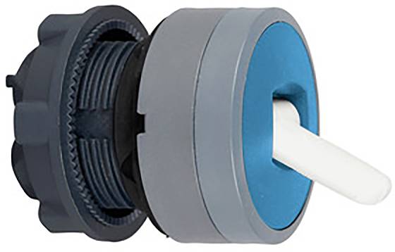 Plastik-Schalter mit blau-grauem Gehäuse und weißem Hebel, vermutlich zur Steuerung einer elektrischen oder mechanischen Funktion.