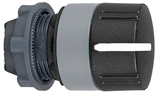 Ein schwarzer Kunststoff-Adapter mit grauem Mittelstück und gerilltem Rand. Der Adapter hat ein schraubenförmiges Ende.