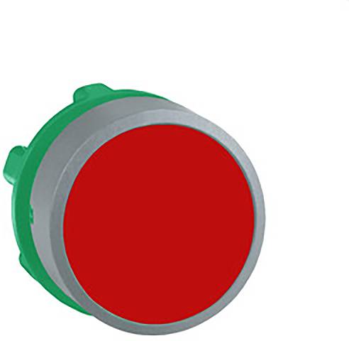 Ein großer roter Knopf auf einem grünen Sockel, dargestellt aus einer schrägen Perspektive; deutet eine Aktion oder einen Notstopp an.