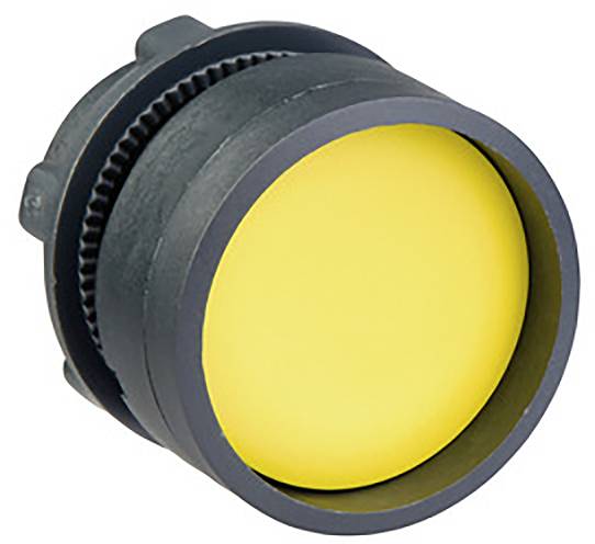 Gelber runder Knopf mit grauem Rand, möglicherweise Teil eines technischen Geräts oder Schalters.