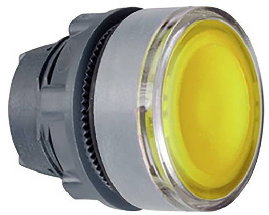 Gelber Drucktaster in rundem Gehäuse. Verwendet für Steuerungsanwendungen, um eine Aktion bei Betätigung auszulösen.