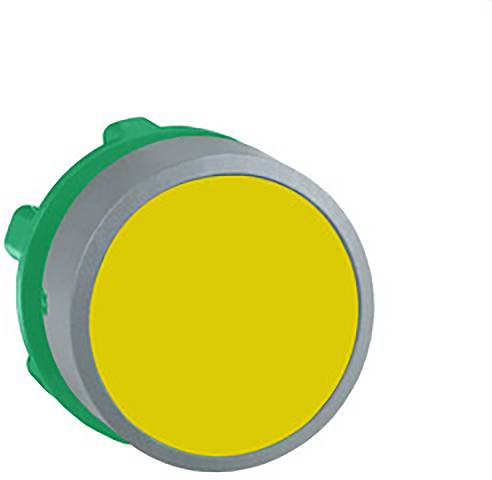 Ein großer, runder, gelber Knopf mit grauem Rand und grünem Gehäuse, vermutlich ein Druckknopf oder Schalter von einem Gerät.