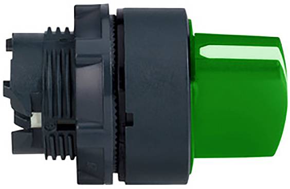 Ein grüner Druckschalter von der Seite gesehen, mit schwarzer Befestigungsstruktur, geeignet für industrielle Steuerungsanwendungen.