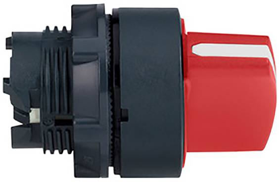 Ein roter Notausschalter in der Seitenansicht, mechanisches Bauteil für Sicherheitsabschaltungen in Industrieanlagen.