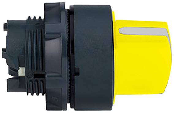 Gelber und schwarzer industrieller Notschalter, seitliche Ansicht, zeigt detaillierte mechanische Komponenten.