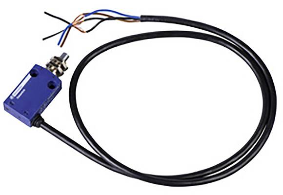 Blauer Endschalter mit langem schwarzen Kabel und vier farbigen Drahtenden. Geeignet für Elektrotechnik-Anwendungen.