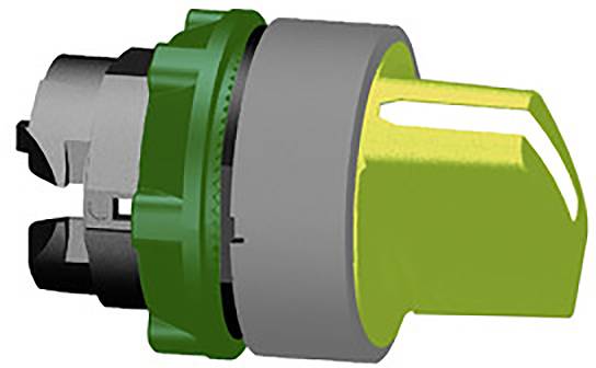 Grüner Drehknopf mit grauem Gehäuse, wahrscheinlich Teil eines Schalters oder elektrischen Geräts.