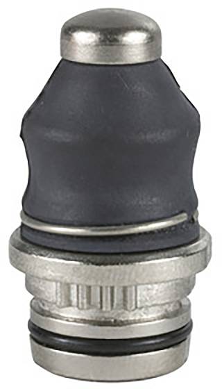 Metallischer Ventilschaft für Fahrzeugreifen, schwarz-silberne Färbung. Verwendet, um den Reifendruck aufrechtzuerhalten.