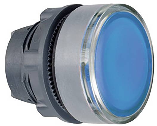 Ein runder blauer Knopf mit einem silbernen Rand, geeignet für industrielle Anwendungen oder Steuerungspanels.