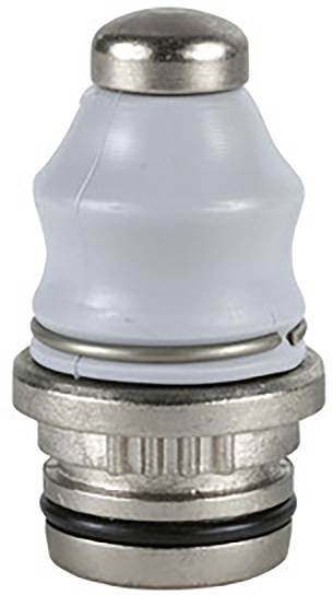 Metallteil mit transparentem Kunststoffaufsatz und zwei Dichtungsringen. Möglicherweise ein Ventil- oder Dichtungselement.