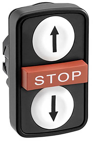 Schalter mit zwei Pfeiltasten nach oben und unten, und einer roten 'STOP'-Taste in der Mitte.