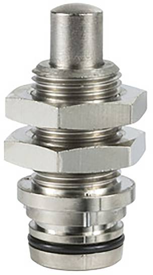 Metallisches Ventil mit zylindrischem Stift und mehreren Sechskantmuttern, verwendet für industrielle Anwendungen.