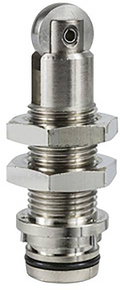 Ein silbernes Metallventil mit mehreren Dichtungsringen und einem kugelförmigen Ende. Verwendet in hydraulischen Systemen zur Steuerung des Flüssigkeitsflusses.