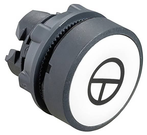 Runder Drehknopf aus grauem Kunststoff mit einem schwarzen Symbol auf weißem Hintergrund. Das Symbol könnte auf eine Funktion hinweisen.