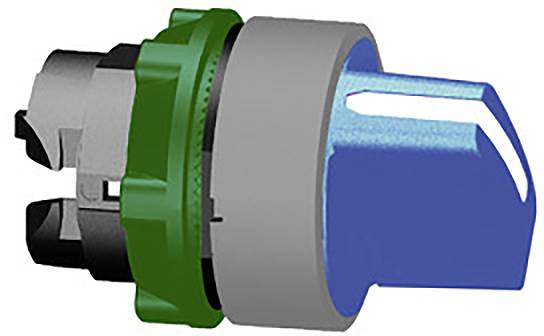 Nahaufnahme eines blau-grünen elektrischen Schalters mit metallischen Kontakten, verwendet zur Steuerung von Geräten oder Maschinen.