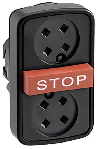 Schwarze Steckdose mit zwei Anschlussmöglichkeiten, dazwischen ein roter Schalter mit der Aufschrift 'STOP'.