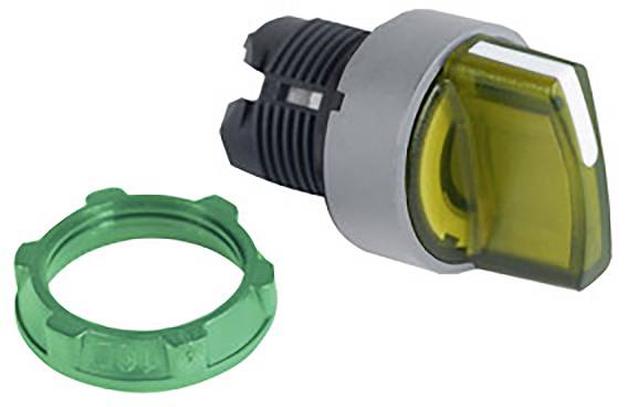 Ein gelber Kippschalter mit grünem Befestigungsring, geeignet für industrielle Anwendungen.