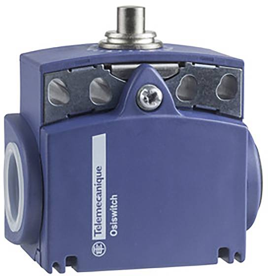 Ein blauer Endschalter der Marke 'Telemecanique', Modell 'Osiswitch'. Er wird in Industrieanwendungen zur Positionserkennung verwendet.