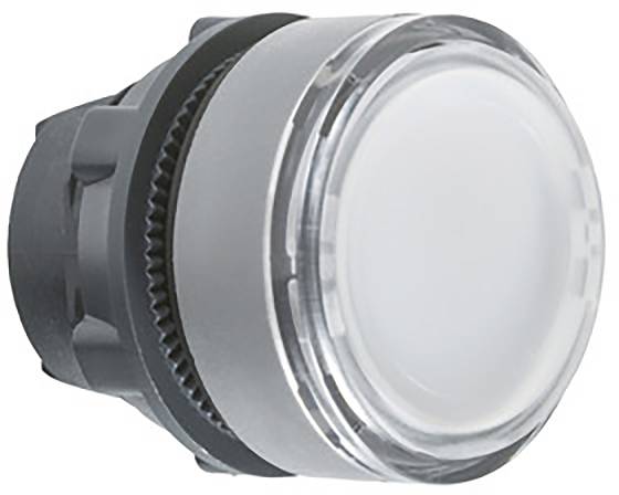 Ein runder, transparenter LED-Drucktaster mit grauem Gehäuse, typisch für industrielle Steuerungsanwendungen.