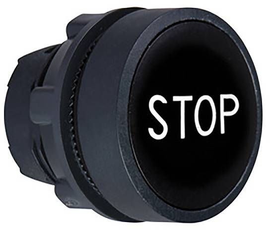 Schwarzer Rundknopf mit weißer Aufschrift 'STOP'.