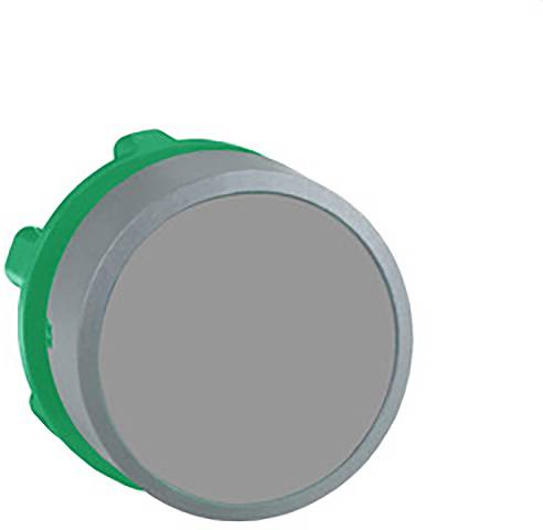 Ein runder, grauer Knopf mit grünem Rand, möglicherweise ein Schaltknopf oder Taster, dargestellt vor einem weißen Hintergrund.