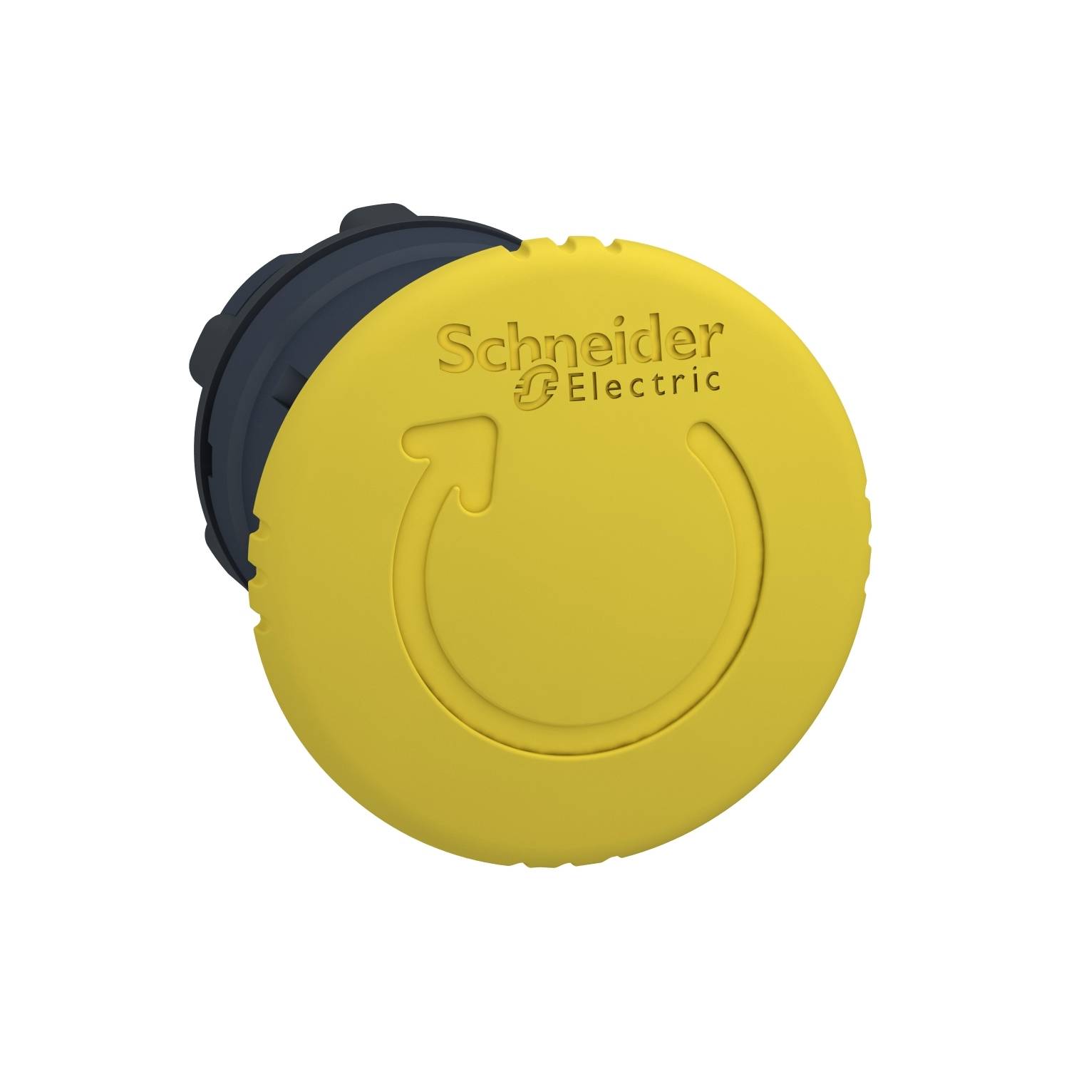 Gelber Deckel von Schneider Electric mit gedrucktem Logo und Pfeilsymbol, wahrscheinlich für ein technisches Produkt, wie z.B. ein Schalter.