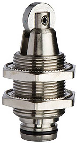 Ein verchromtes Autoventil. Es hat ein zylindrisches Design mit Gewinde und einer Dichtung an der Basis für den Einsatz in Reifen.