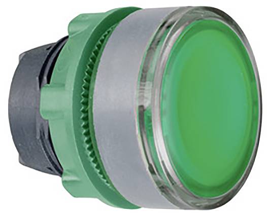 Grüner Druckknopf mit einem metallischen Ring; typisches Bedienelement in industriellen oder technischen Anwendungen.