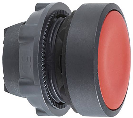 Roter Not-Aus-Taster mit schwarzem Gehäuse, von der Seite gesehen.