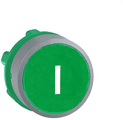 Runder, grüner Schalter mit einem weißen senkrechten Strich in der Mitte, symbolisiert 'Ein'-Zustand. Geeignet für elektronische Geräte.