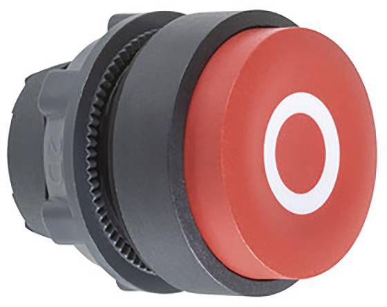 Roter Not-Aus-Schalter mit weißem Kreis-Symbol in der Mitte, zum schnellen Abschalten von Maschinen bei Gefahr.