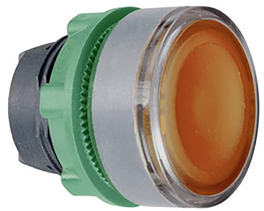 Oranger Knopf mit grünem und silbernem Gehäuse, verwendet zur Steuerung oder als Anzeigeelement in technischen Geräten.